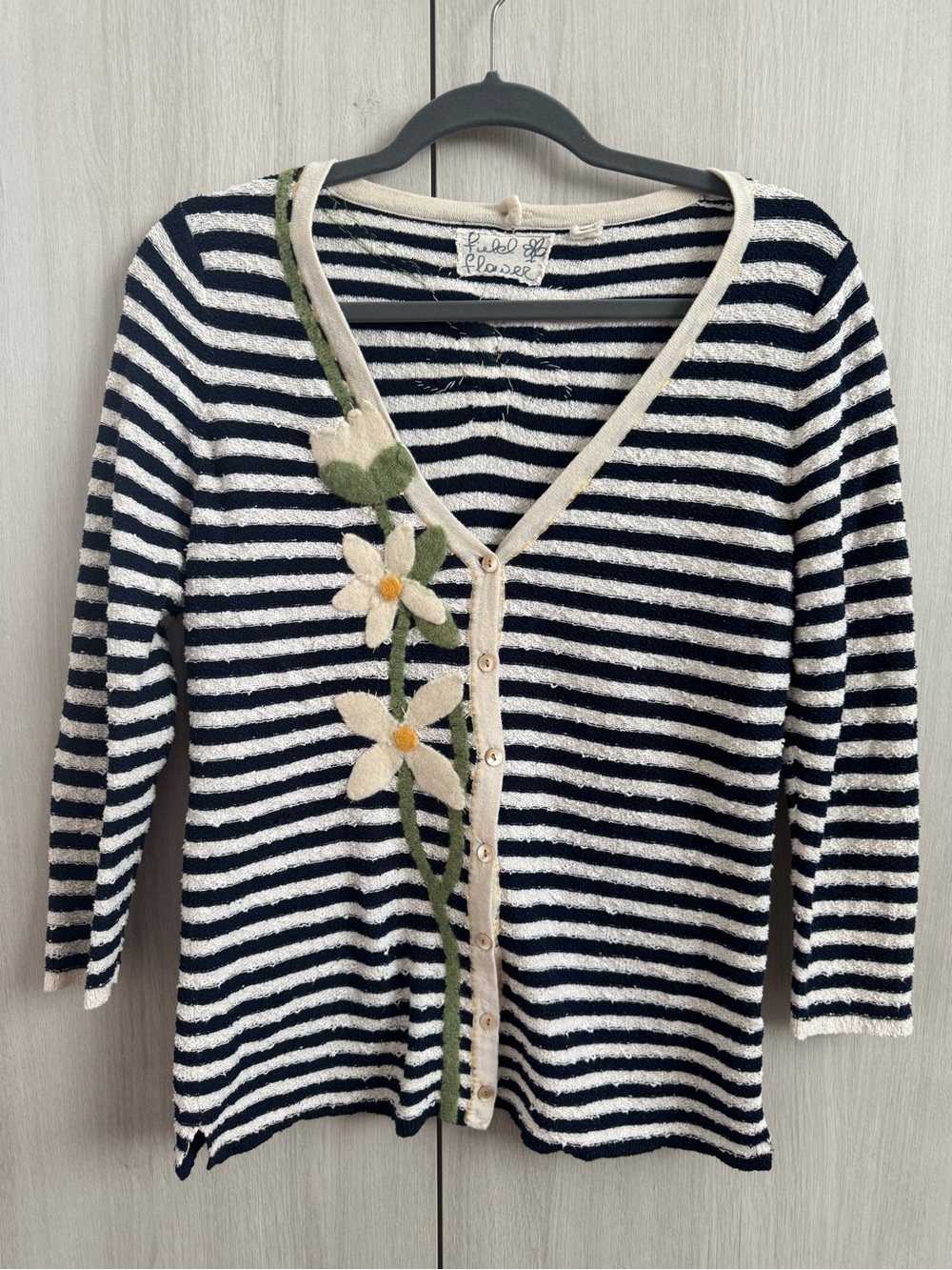 Anthropologie Striped Navy and White Cardigan with Floral Appliqué Sz S